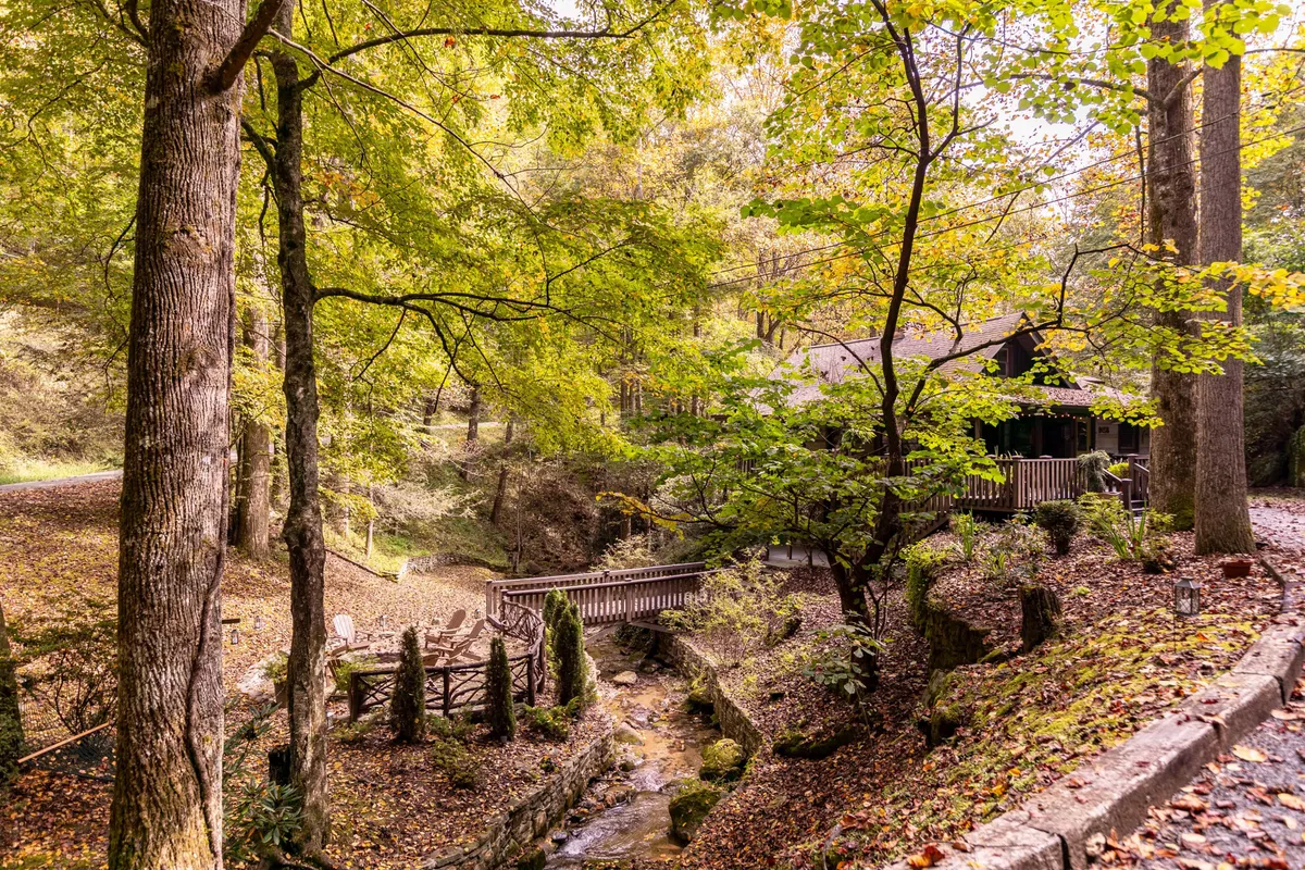 A tranquil exterior scene featuring a rustic wooden cabin nestled among tall trees, with a flowing creek running alongside. A wooden bridge connects the yard to the creek, and a cozy seating area invites visitors to relax and watch the water. The surrounding woods add a sense of seclusion and immersion in nature.