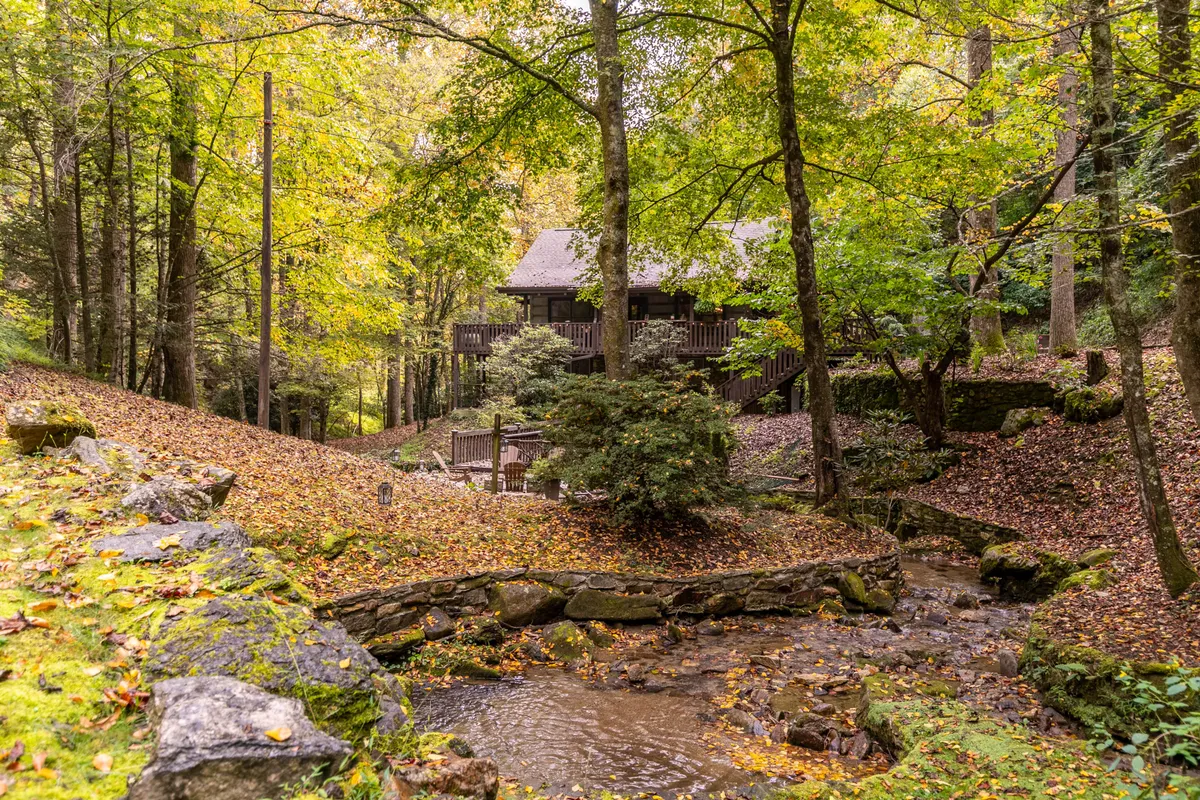 A broad view of the house situated beside a gentle stream, with mature trees and a carpet of fallen leaves setting a serene, autumnal tone. The image showcases both the cabin’s proximity to water and its peaceful, secluded forest location.